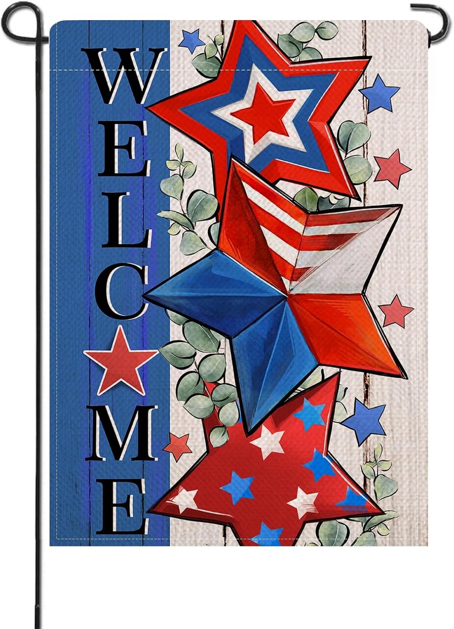 Welcome 4th of July Stars Small Decorative Garden Flag, Patriotic America Eucalyptus Leaves Farmhouse Yard Lawn Outside Decor, American USA Burlap Outdoor Home Decoration Double Sided 12 x 18